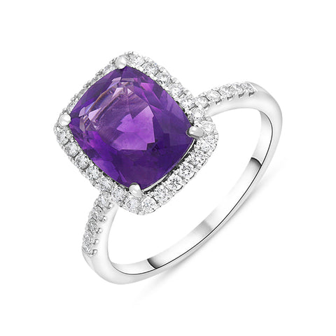 18ct White Gold 0.58ct Amethyst Diamond Shoulder Set Halo Ring, FEU-2689.18ct White Gold 2.58ct Amethyst Diamond Shoulder Set Halo Ring, FEU-2689.