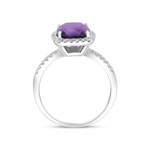 18ct White Gold 2.58ct Amethyst Diamond Shoulder Set Halo Ring