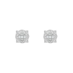 18ct White Gold 0.58ct Diamond Baguette Cut Cluster Stud Earrings, FEU-2491.