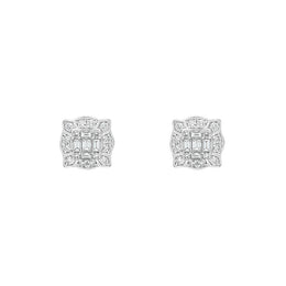 18ct White Gold 0.58ct Diamond Baguette Cut Cluster Stud Earrings, FEU-2491.
