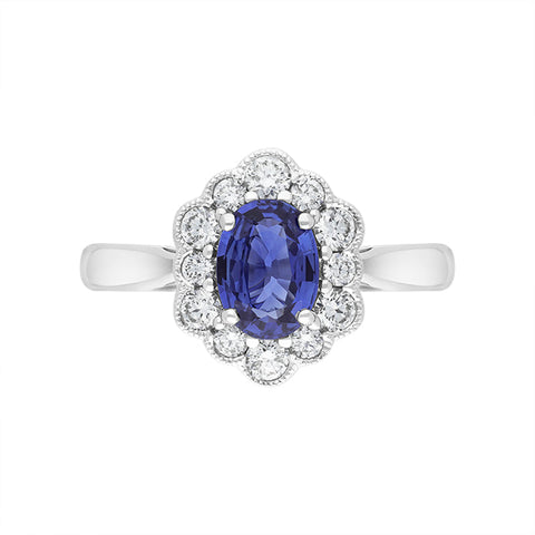 18ct White Gold 0.80ct Sapphire Diamond Oval Cluster Halo Ring