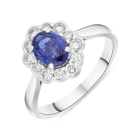 18ct White Gold 0.80ct Sapphire Diamond Oval Cluster Halo Ring, FEU-2464.