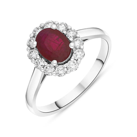 18ct White Gold 0.98ct Ruby Diamond Oval Cluster Halo Ring, FEU-2586.