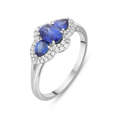 18ct White Gold 1.47ct Diamond Sapphire Cluster Trilogy Ring, FEU-2893