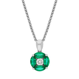 18ct White Gold Emerald Diamond Marquise Stone Round Cluster Pendant, 12-60-086