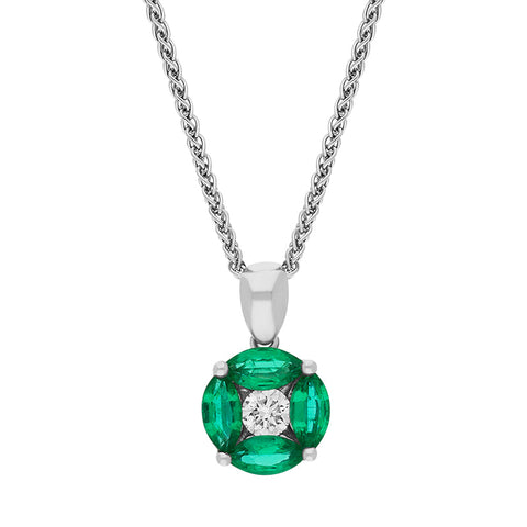18ct White Gold Emerald Diamond Marquise Stone Round Cluster Pendant, 12-60-086
