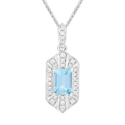 18ct White Gold Aquamarine Diamond Emerald Cut Cluster Pendant FEU-2816