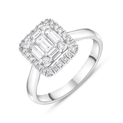 18ct White Gold Diamond Baguette Cut Vintage Style Cluster Ring FEU-2371.