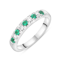 18ct White Gold Emerald Diamond Castle Set Half Eternity Ring FEU-2772