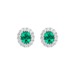 18ct White Gold Emerald Diamond Oval Cluster Stud Earrings, FEU-2613.