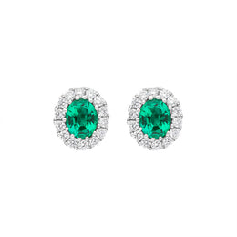18ct White Gold Emerald Diamond Oval Cluster Stud Earrings, FEU-2613.
