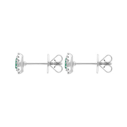 18ct White Gold Emerald Diamond Oval Cluster Stud Earrings