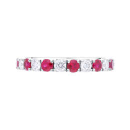 18ct White Gold Ruby Diamond Castle Claw Set Half Eternity Ring
