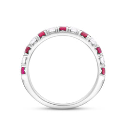 18ct White Gold Ruby Diamond Castle Claw Set Half Eternity Ring