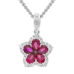 18ct White Gold Ruby Diamond Cluster Pear Cut Flower Pendant FEU-2774