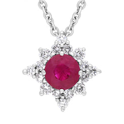 18ct White Gold Ruby Diamond Cluster Star Pendant Necklace FEU-2361