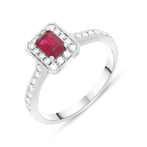 18ct White Gold Ruby Diamond Emerald Cut Shoulder Set Cluster Ring, FEU-1225