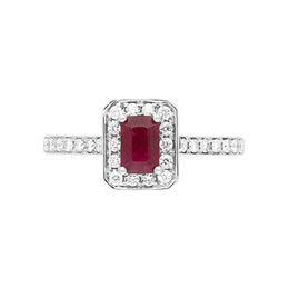 18ct White Gold Ruby Diamond Emerald Cut Shoulder Set Cluster Ring, FEU-1225_2