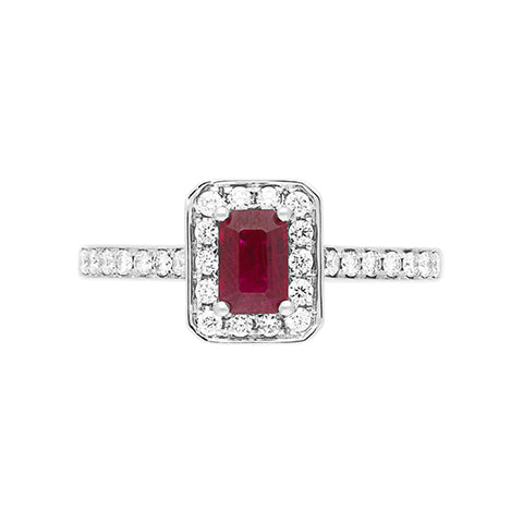 18ct White Gold Ruby Diamond Emerald Cut Shoulder Set Cluster Ring, FEU-1225_2