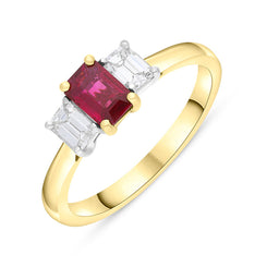 18ct Yellow Gold Ruby Diamond Emerald Cut Three Stone Ring, FEU-2415.