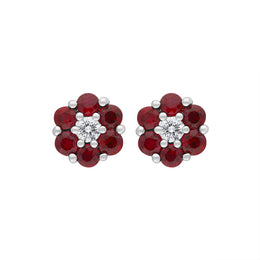 18ct White Gold Ruby Diamond Flower Stud Earrings, FEU-2623.