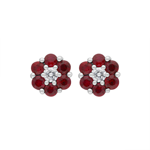 18ct White Gold Ruby Diamond Flower Stud Earrings, FEU-2623.