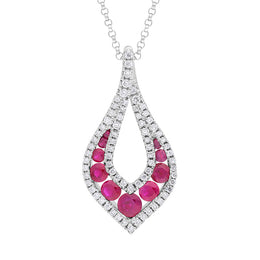 18ct White Gold Ruby Diamond Open Teardrop Pendant Necklace FEU-2737