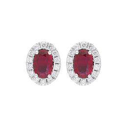 18ct White Gold Ruby Diamond Oval Cluster Stud Earrings FEU-2825