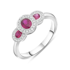18ct White Gold Ruby Diamond Pave Triple Cluster Ring, FEU-2626.