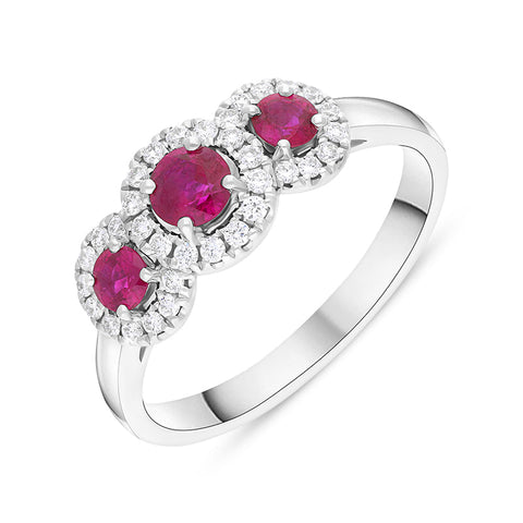 18ct White Gold Ruby Diamond Round Cut Three Stone Cluster Ring FEU-2891