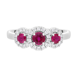 18ct White Gold Ruby Diamond Round Cut Three Stone Cluster Ring