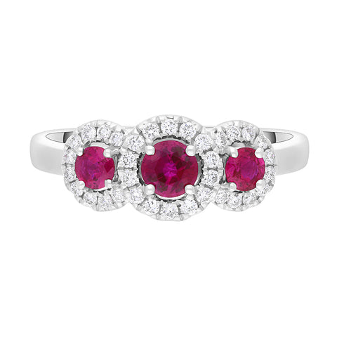 18ct White Gold Ruby Diamond Round Cut Three Stone Cluster Ring