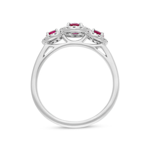 18ct White Gold Ruby Diamond Round Cut Three Stone Cluster Ring