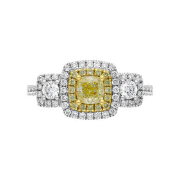 18ct White Gold Yellow and White Diamond Triple Cluster Ring