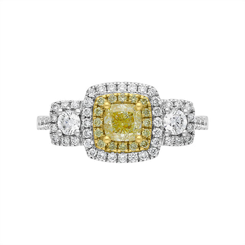 18ct White Gold Yellow and White Diamond Triple Cluster Ring