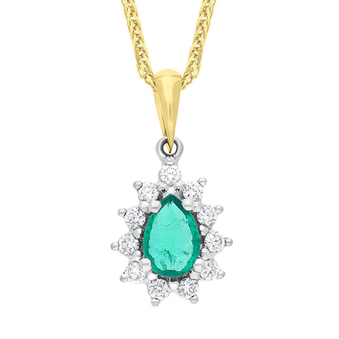18ct Yellow and White Gold Emerald Diamond Cluster Pear Cut Pendant FEU-2842
