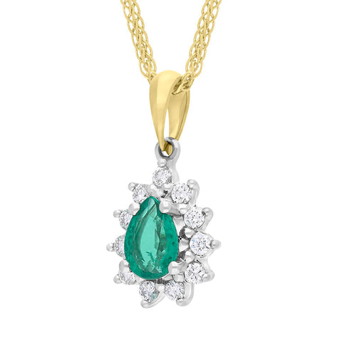 18ct Yellow and White Gold Emerald Diamond Cluster Pear Cut Pendant