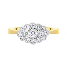 18ct Yellow Gold 0.50ct Diamond Millgrain Vintage Style Cluster Ring