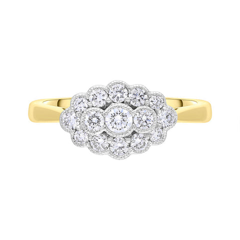 18ct Yellow Gold 0.50ct Diamond Millgrain Vintage Style Cluster Ring