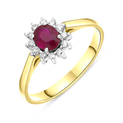 18ct Yellow Gold 0.56ct Ruby Diamond Cluster Ring, FEU-1107.