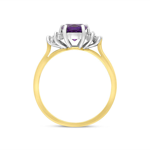 18ct Yellow Gold 1.01ct Amethyst Diamond Cluster Oval Cut Ring