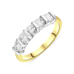 18ct Yellow Gold 1.02ct Diamond Bar Set Five Stone Half Eternity Ring, FEU-2305.