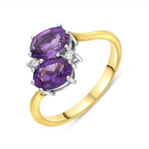 18ct Yellow Gold 1.47ct Amethyst Diamond Cross Over Ring FEU-2441