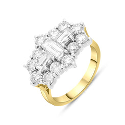 18ct Yellow Gold 3.00ct Diamond Baguette Round Brilliant Cut Vintage Style Cluster Ring FEU-2645