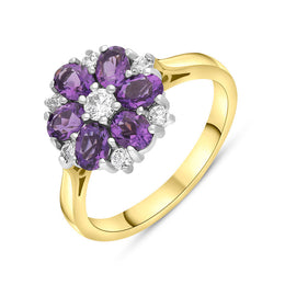 18ct Yellow Gold Amethyst Diamond Cluster Oval Cut Ring FEU-2767