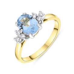 18ct Yellow Gold Aquamarine Diamond Cluster Oval Cut Ring FEU-2759