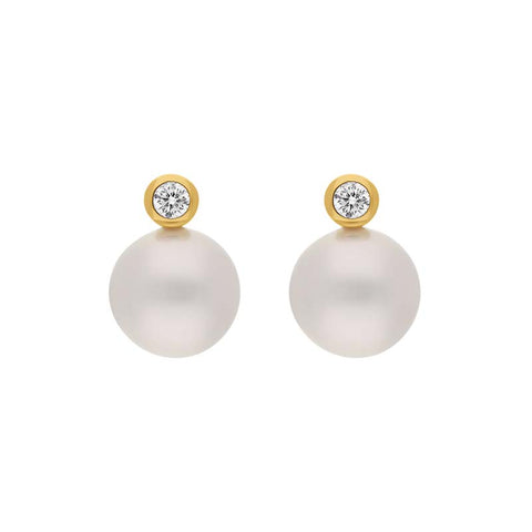 18ct Yellow Gold Diamond South Sea Pearl Stud Earrings, BRN-493