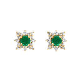 18ct Yellow Gold Emerald Diamond Star Cluster Stud Earrings, FEU-2512.