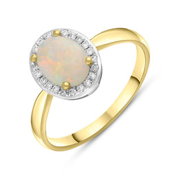 18ct Yellow Gold Opal Diamond Oval Cluster Ring, FEU-2234
