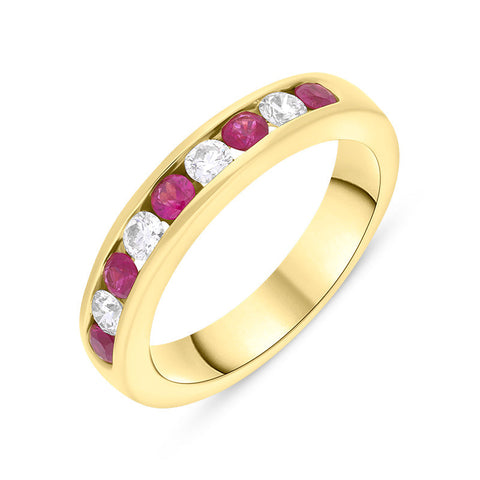 18ct Yellow Gold Ruby Diamond Channel Set Half Eternity Ring FEU-2206